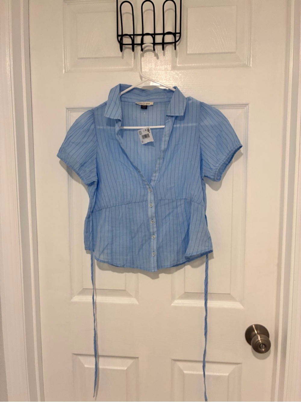 American Eagle Outfitters Light Blue Pinstripe Tie-Waist Button Down Top